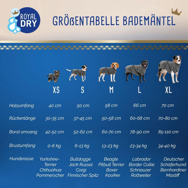 Royal Dry Bademantel Hund - Mikrofaser Hundebademantel - XL - Rückenlänge 70-80 cm - Grau, XL
