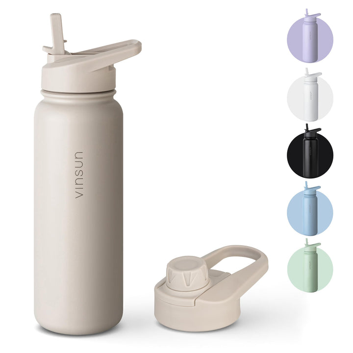 Vinsun Trinkflasche Edelstahl beige 750ml - auslaufsicher, Kohlensäure geeignet, BPA frei - Strohhal