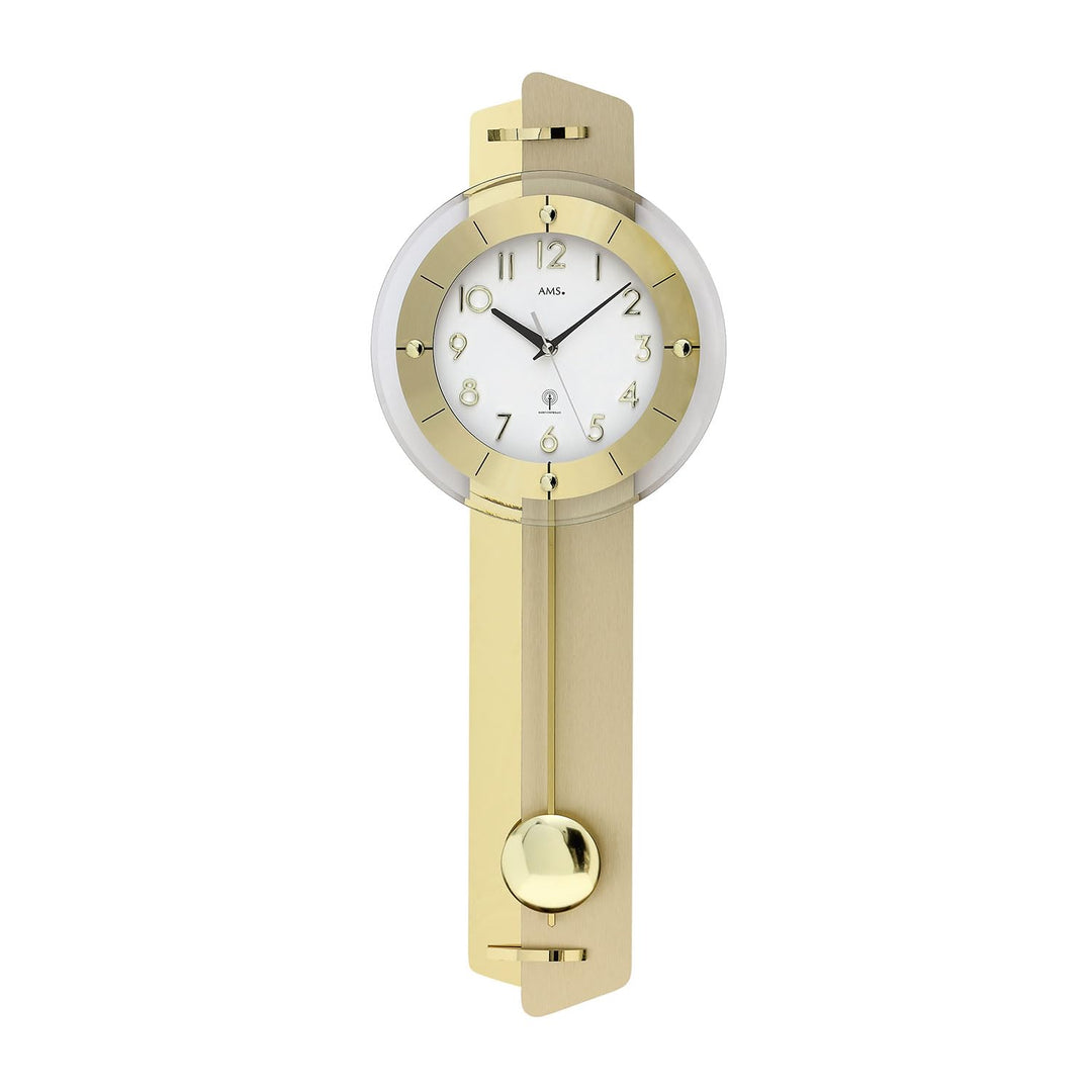 AMS. Pendelwanduhr 5267, Funk, Gold, Holzgehäuse mit Messing-Applikation, Mineralglas, Made in Germa