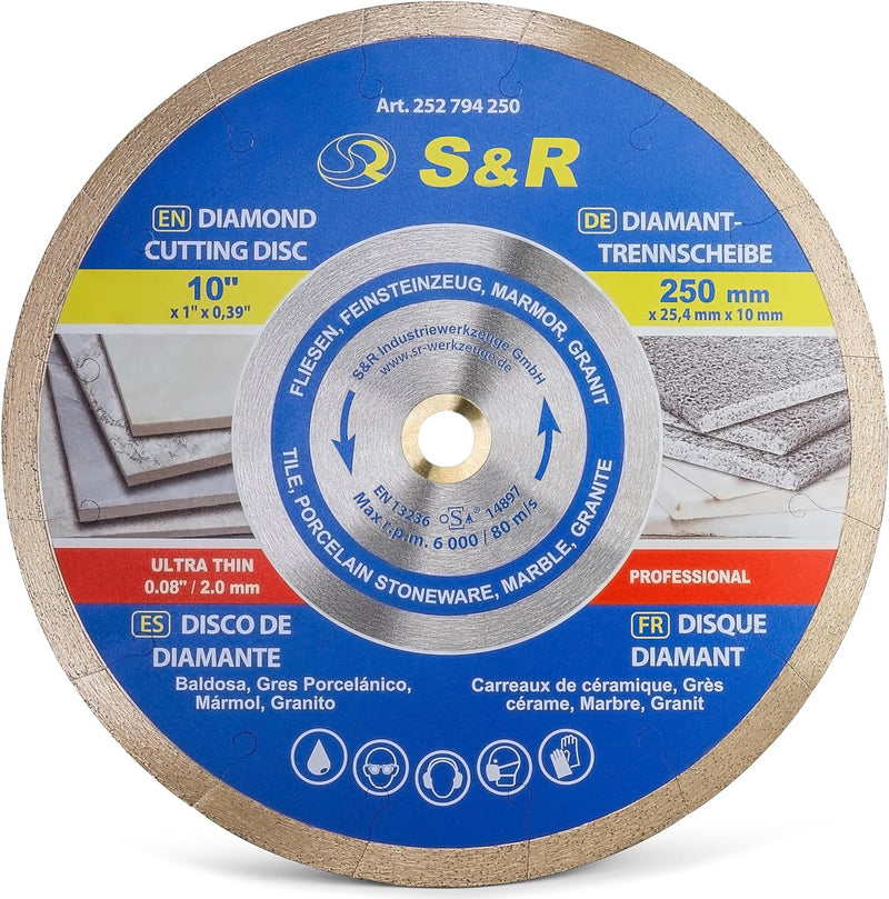 S&R Diamanttrennscheibe 250 x 25,4 x 7 mm (1,6 mm extra dünn), Trennscheibe für sauberes Trennen von