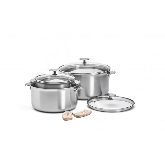 ALCHIMY LOQY Topfset 3-teilig, Edelstahl, 3-lagig, 2 abnehmbare Griffe aus Buchenholz LOQY und 3 Gla