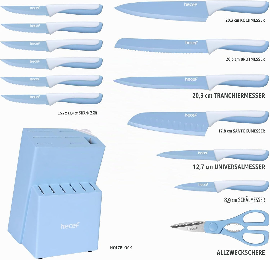 hecef 14-teilig Messerblock mit Messer, Blau, Antihaft-Beschichtung – Spülmaschinenfest, Messerblock