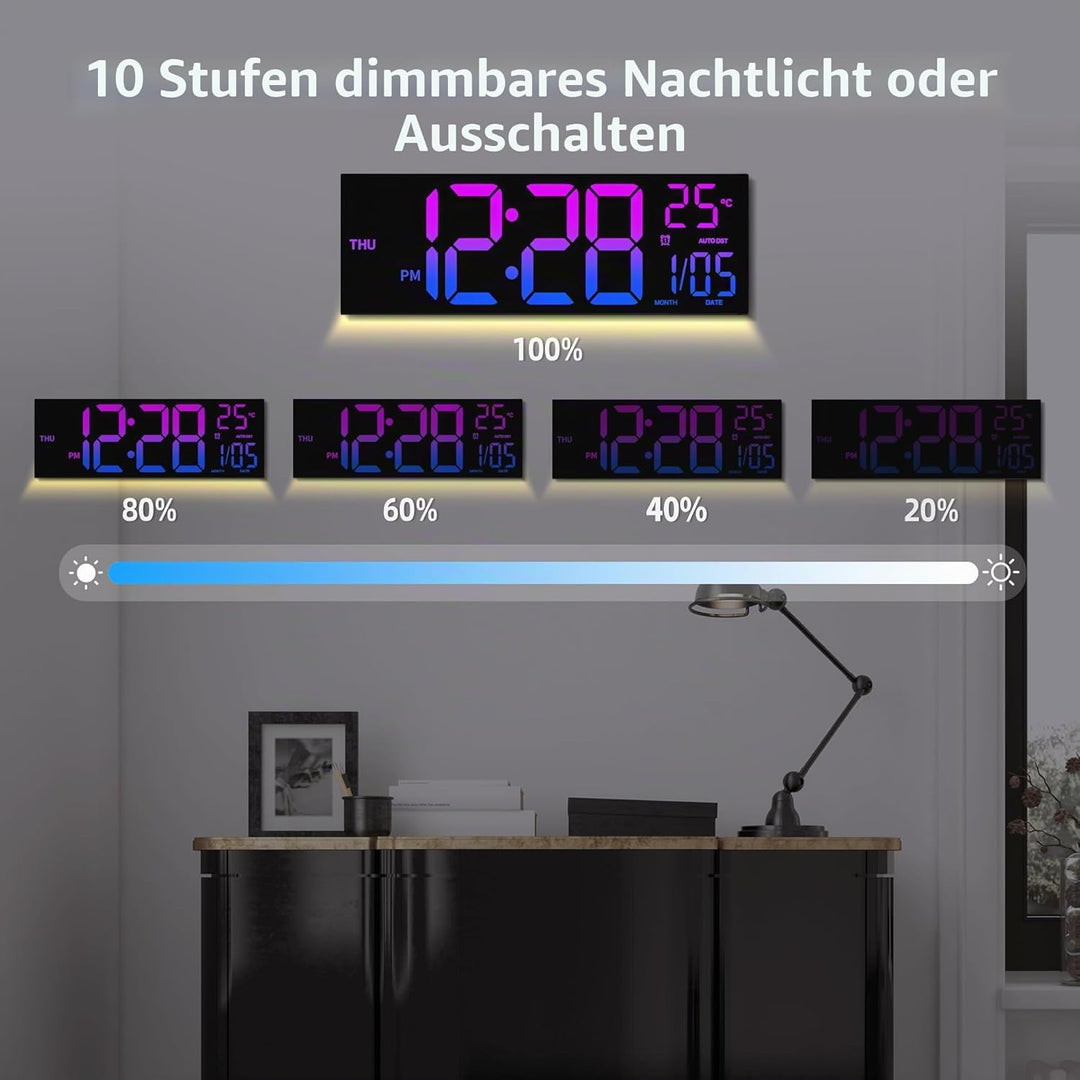 HAITANG Digitale Wanduhr in 8 Farben, 41,1 cm, grosse Digitaluhr mit Temperatur, Datum, automatische