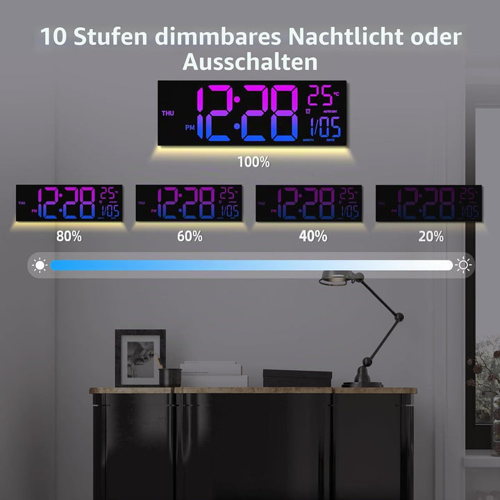 HAITANG Digitale Wanduhr in 8 Farben, 41,1 cm, grosse Digitaluhr mit Temperatur, Datum, automatische