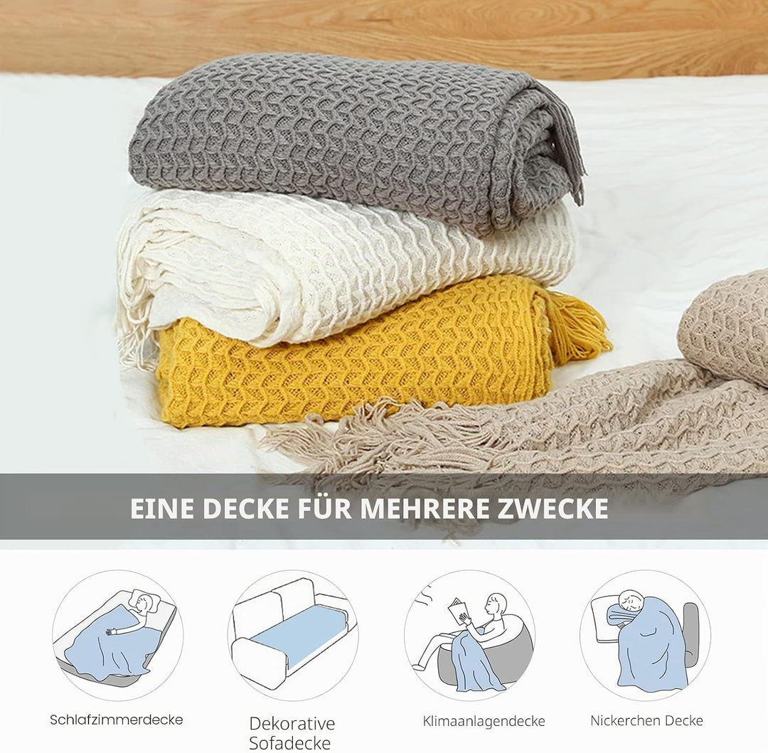 LumiSyne Zellulare Strickdecke Mit Quaste Einfarbige Zartes Hohlen Webmuster Weich Atmungsaktiv Sofa