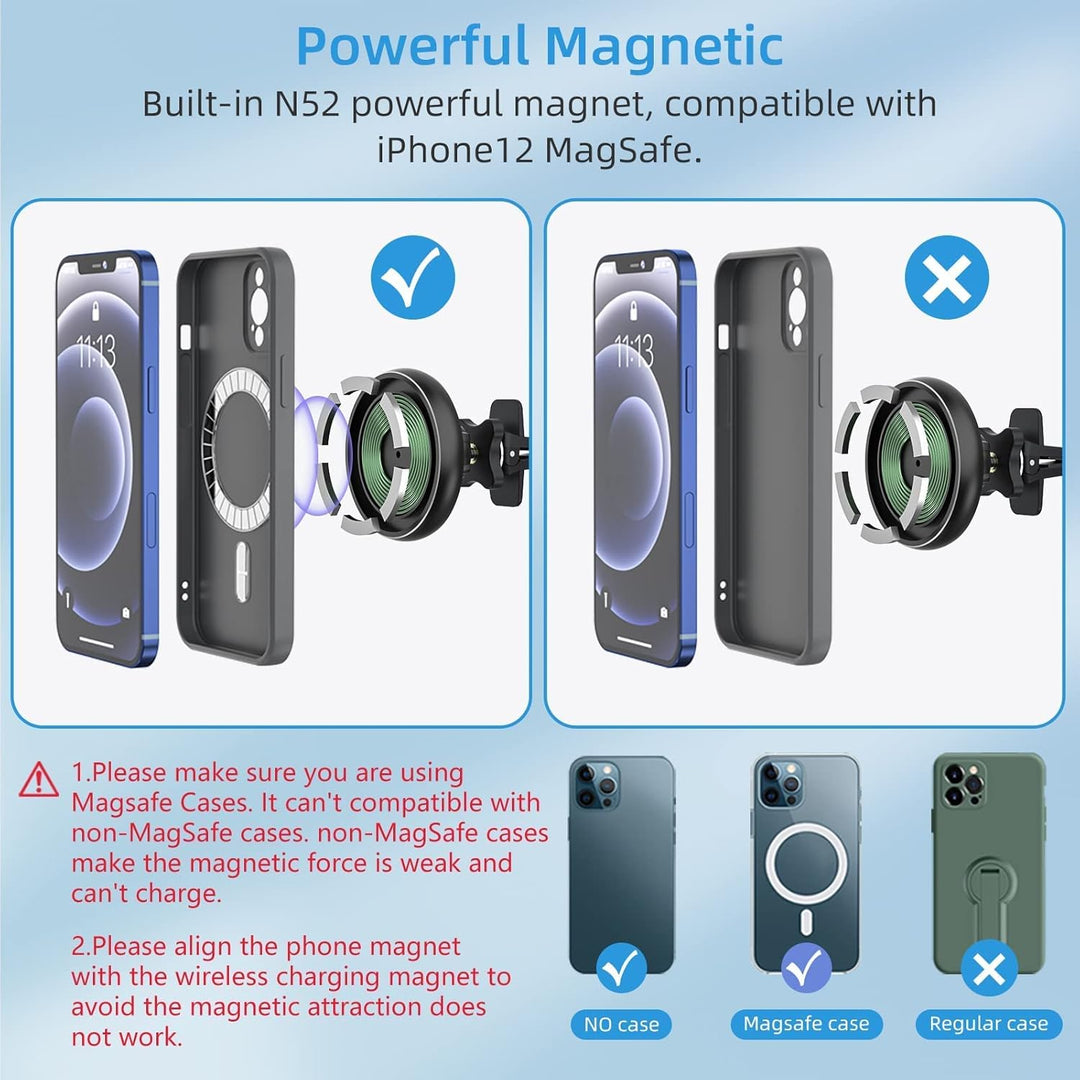 MAGJIEYX Kabelloses Magsafe Ladegerät Autohalterung,【1300g Starker Magnet】 Auto Handyhalterung Qi Wi