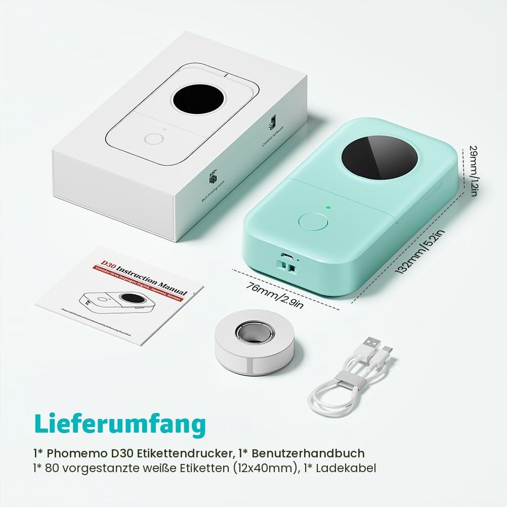 Phomemo D30 Etikettendrucker, Mini Bluetooth Etikettiergerät Tragbarer beschriftungsgerät Selbstkleb