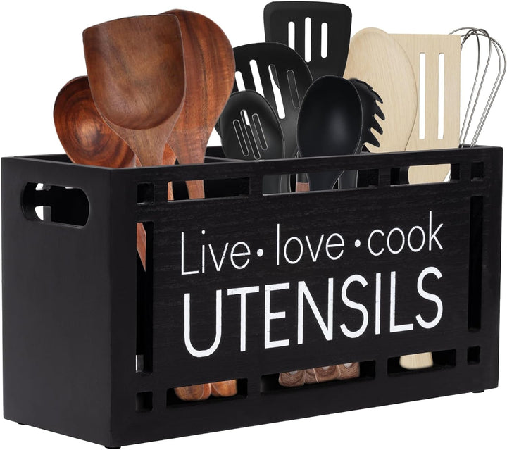 Karisky Utensil Holder for Kitchen Counter, Large 3 Compartments Solid Real Wood Utensil Caddy Organ