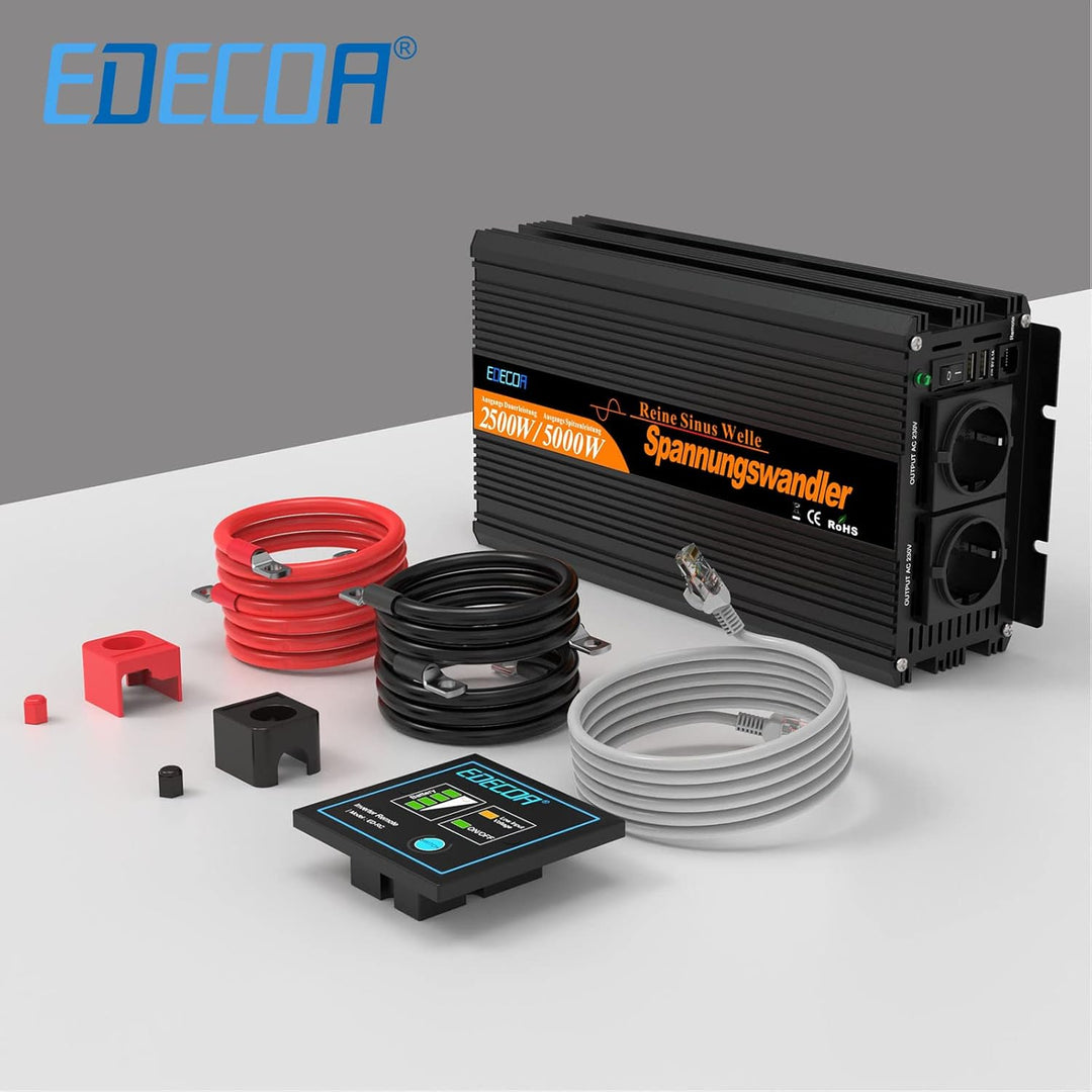 EDECOA Wechselrichter 12v auf 230v Reiner Sinus 2500w Wohnwagen Spannungswandler 2X USB und Fernbedi