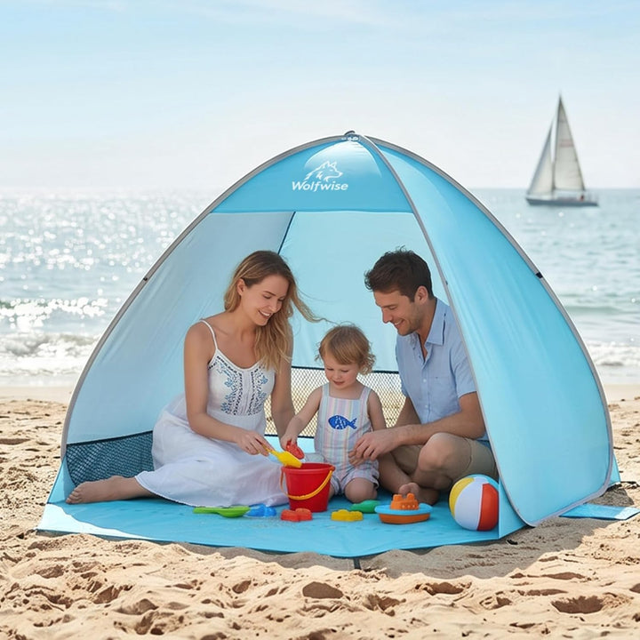 Wolfwise Strandmuschel Pop Up, Strandzelt mit UV-Schutz 50+, Sekundenschneller Aufbau, Wasserabweise