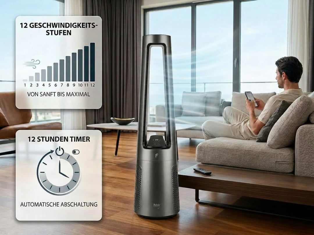 Fakir TVL 100 Flügelloser Turmventilator - DC-Motor, 12 Lüfterstufen, 30 dB(A), 60° Oszillation, 12h