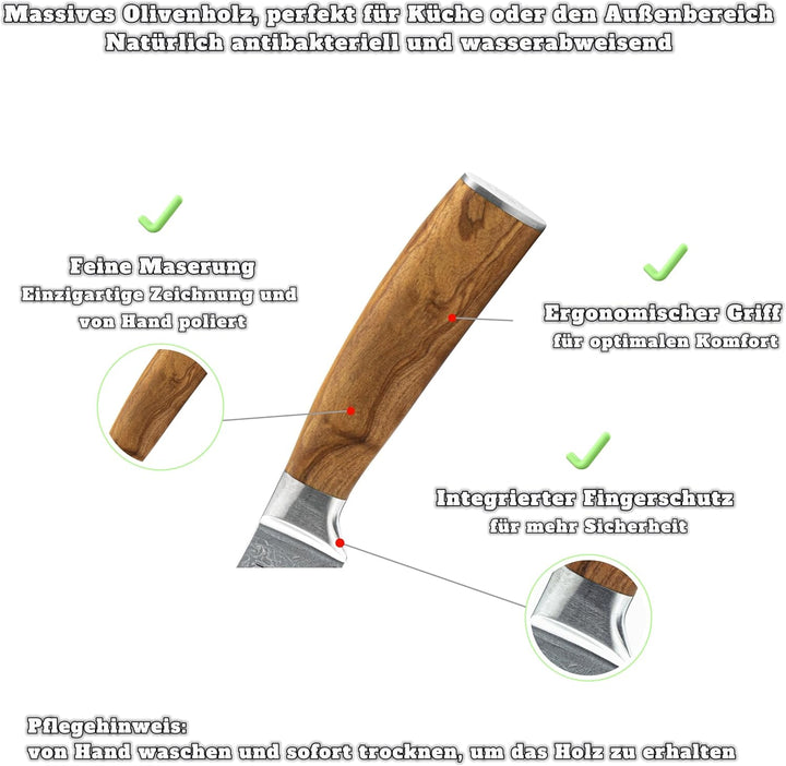 URUMAH Damascus Brotmesser Wellenschliff 20 cm mit ergonomischem Olivenholzgriff Klinge aus rostfrei