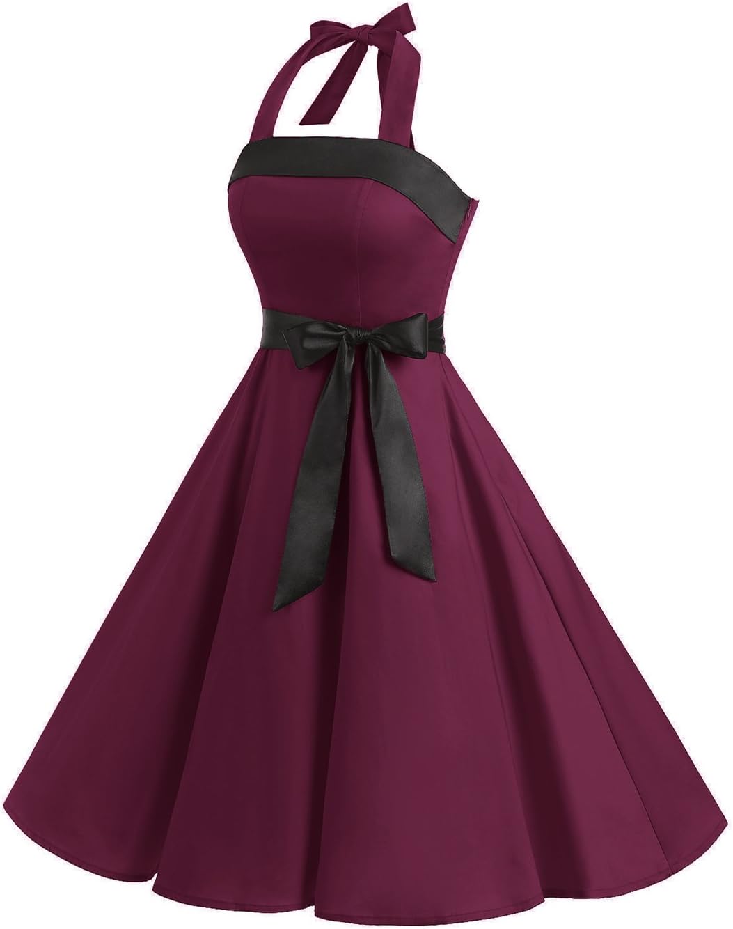 Damen Vintage Cocktailkleid Knielang Neckholder Swing Retro Rockabilly Kleid A-burgundy XXL, A-burgu