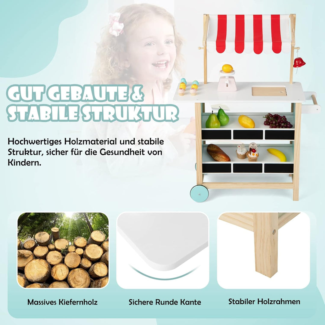 COSTWAY Kinder Eiswagen mit 6 Eiscreme, Kaufladen Holz mit 2 Ablagen, Einkaufswagen auf Rollen, inkl