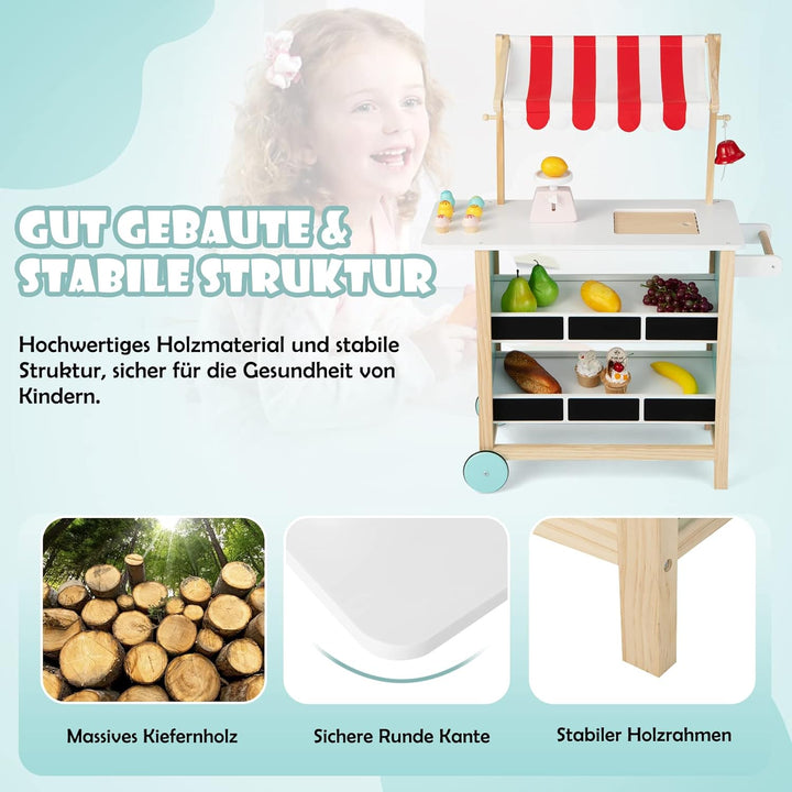 COSTWAY Kinder Eiswagen mit 6 Eiscreme, Kaufladen Holz mit 2 Ablagen, Einkaufswagen auf Rollen, inkl