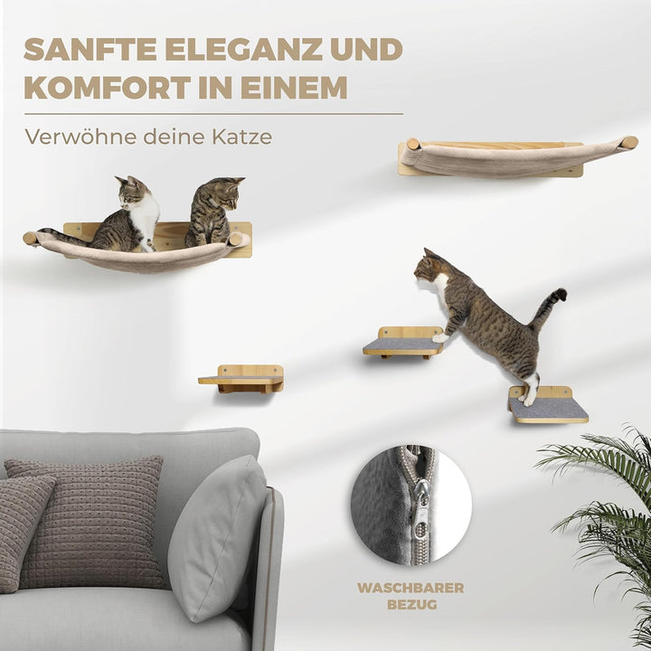 WOOWOOD® Kletterwand Katzen inkl. 2X Katzentreppe Wand [Massivholz] I Kratzbaum Wand I Hängematte Ka