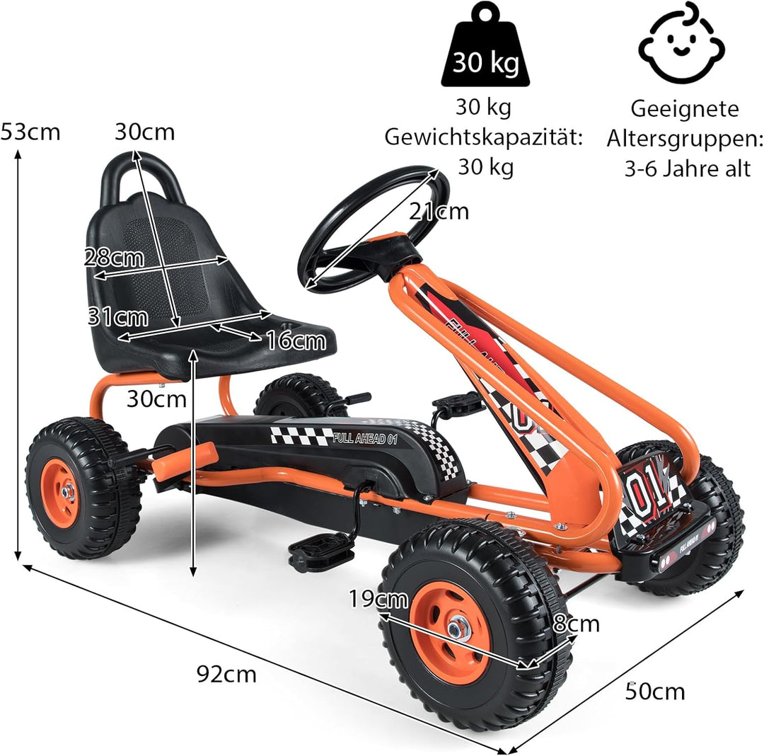 COSTWAY Gokart mit verstellbarem Sitz, Go Kart mit Handbremse, Tretauto bis 30 kg belastbar, Pedal G