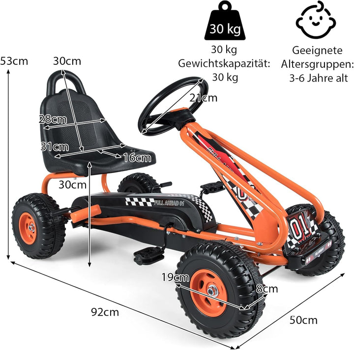 COSTWAY Gokart mit verstellbarem Sitz, Go Kart mit Handbremse, Tretauto bis 30 kg belastbar, Pedal G