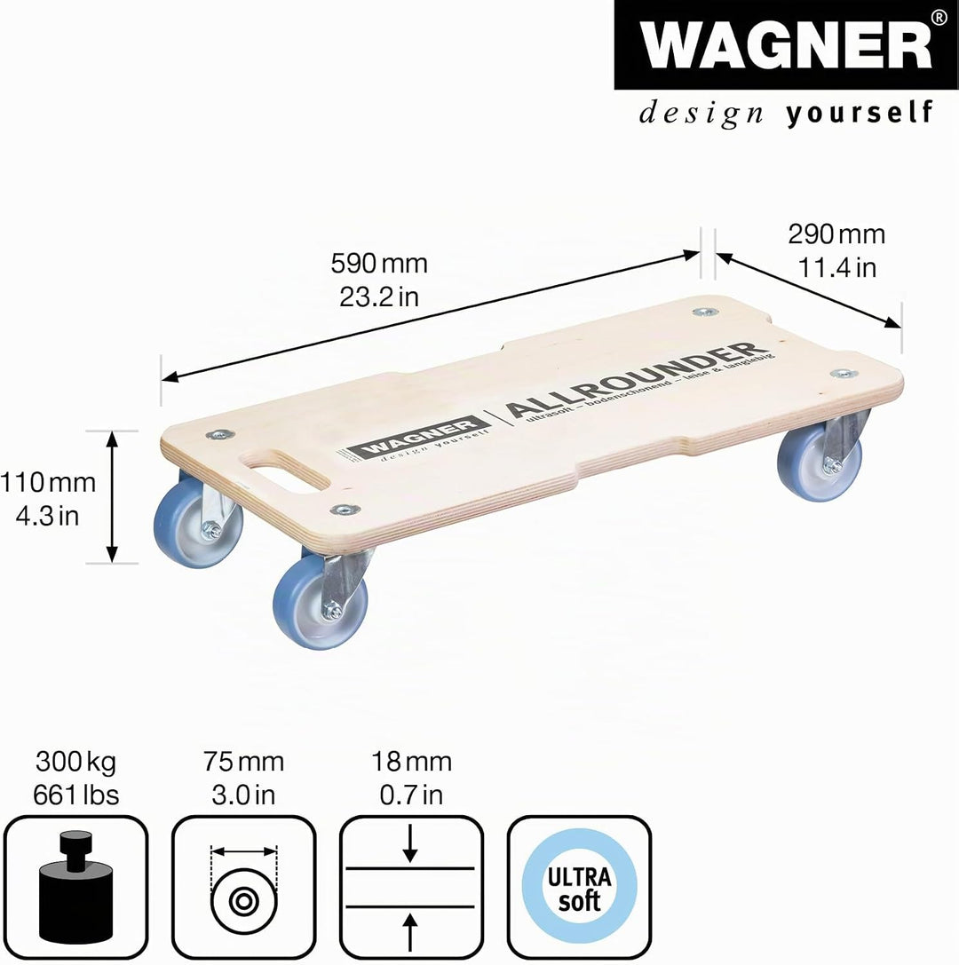 WAGNER Transportroller Transporthilfe 1325 I Schichtholz I 59 x 29 x 11 cm, Tragkraft 300 kg I Möbel