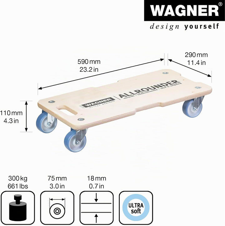 WAGNER Transportroller Transporthilfe 1325 I Schichtholz I 59 x 29 x 11 cm, Tragkraft 300 kg I Möbel