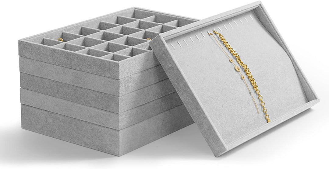 Oirlv Grau Samt 24 Gitter Schmucktablett,Schmuckaufbewahrung Schublade Schmuck Organizer Tablett Rin