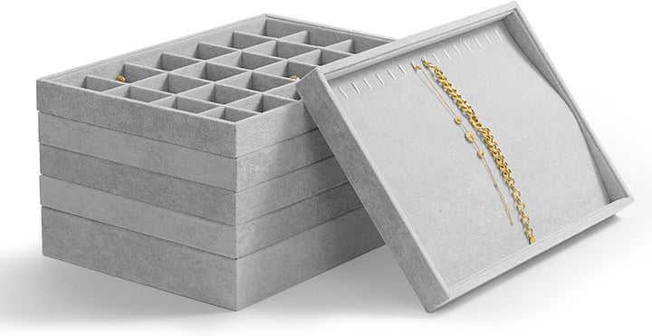 Oirlv Grau Samt 24 Gitter Schmucktablett,Schmuckaufbewahrung Schublade Schmuck Organizer Tablett Rin