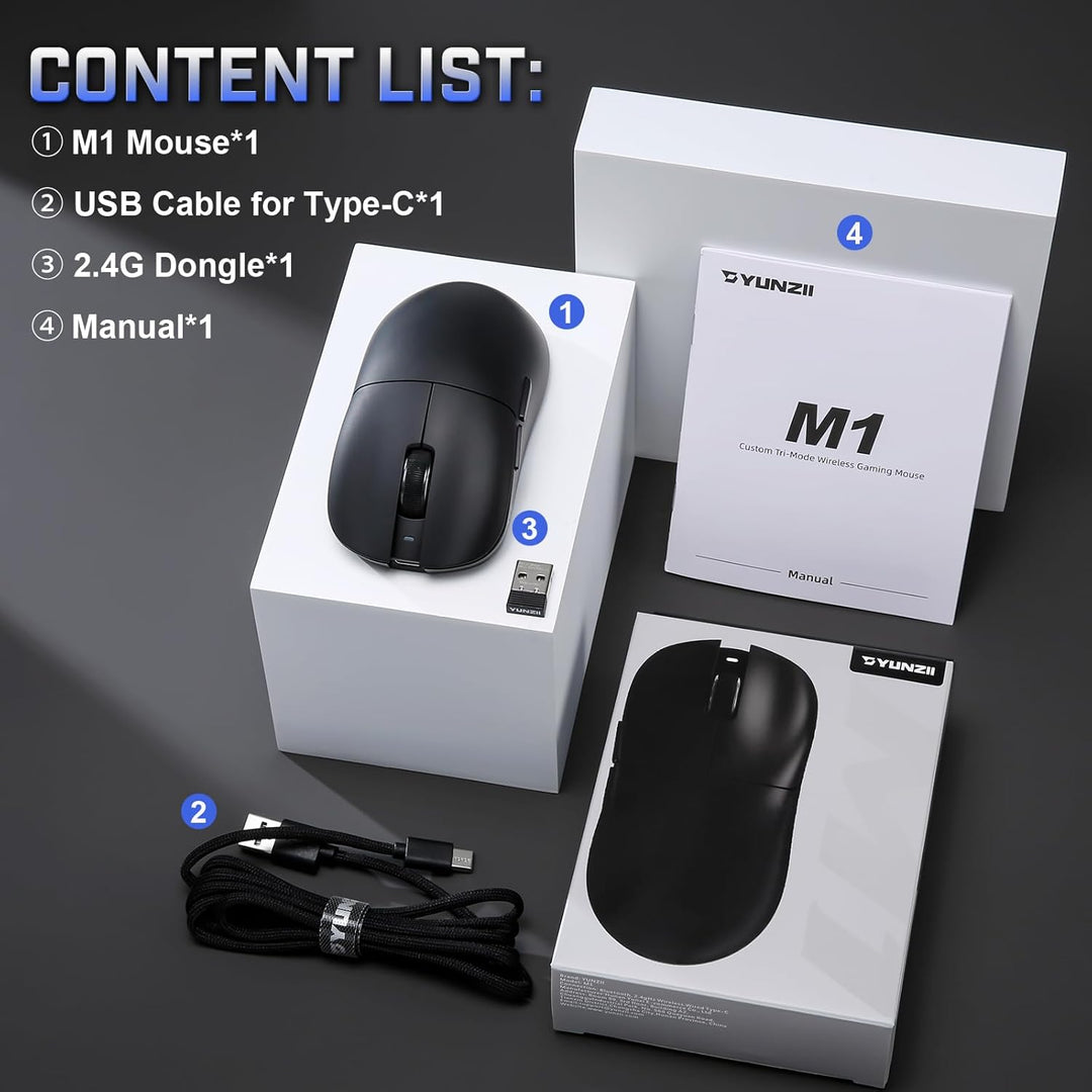YUNZII M1 Kabellose Gaming-Maus, BT/2.4G Wireless/Wired Ultralight Mouse, PAW3311-Sensor 10000 DPI,