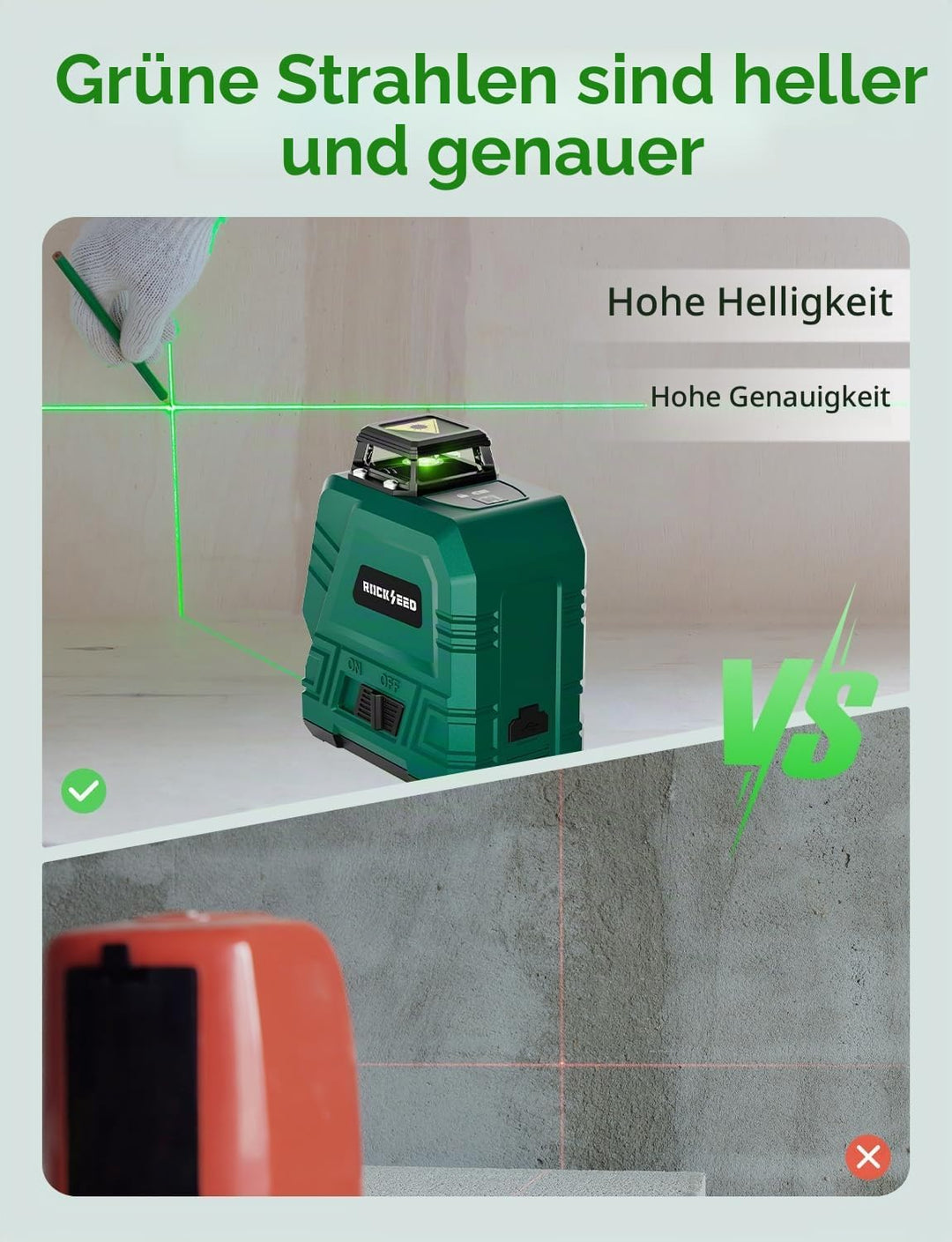 Laser-Wasserwaage mit 1,2m-Stativ, RockSeed 1x360° Horizontal und 1x150° Vertikal Grüner Linie Selbs