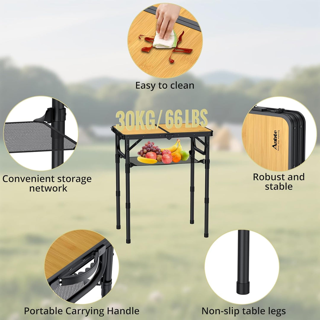 Anbte Campingtisch Klappbar 58x40cm Aluminium Schwarz-Rahmen Picknicktisch 3 Höhen Verstellbar 26/48