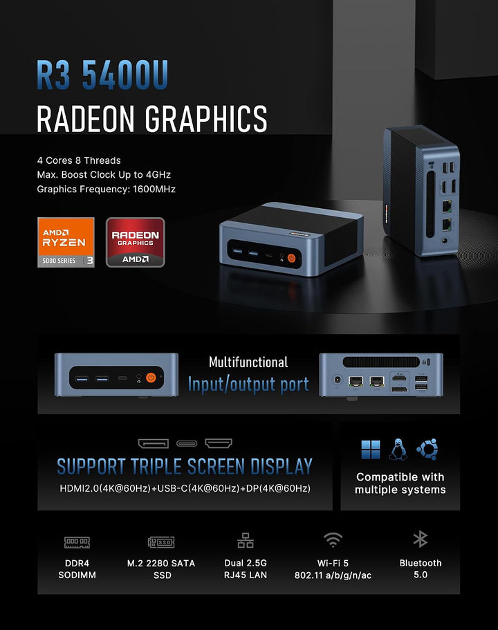 BOSGAME P4 Plus Dual 2,5G LAN Mini-PC, AMD Ryzen 7 5825U Prozessor (bis zu 4,5 GHz), Windows 11 Pro