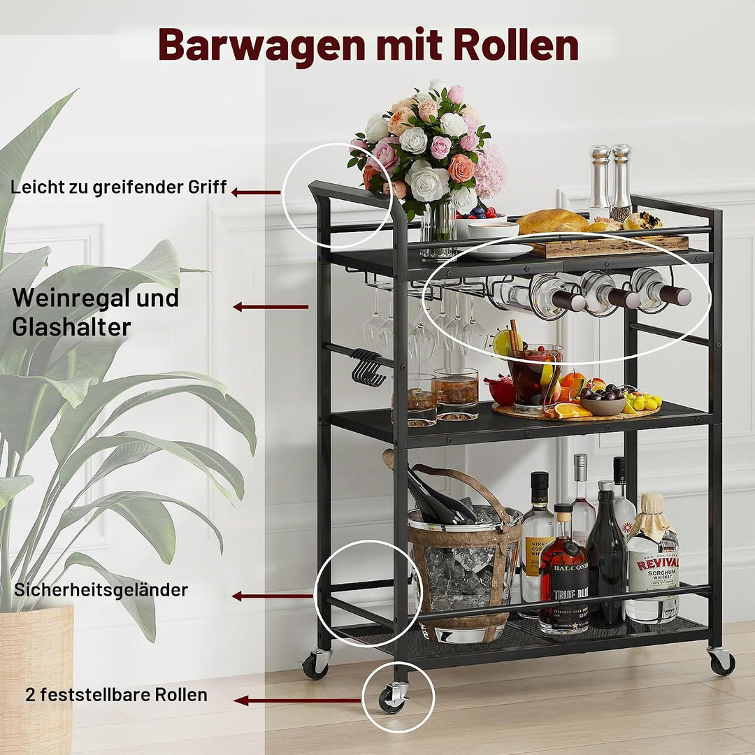 Servierwagen mit Rollen Barwagen mit Gläserablage und Weinregal Metall Teewagen Küchenwagen auf Roll