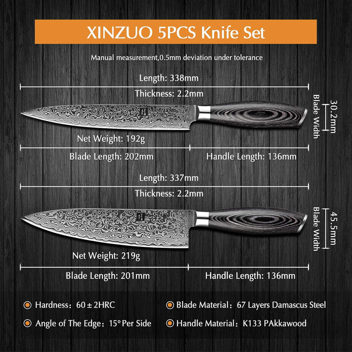 XINZUO 67 Schichten Damaststahl 5er Küchenmesser Set-Pakkaholz Griff mit Olivenholz Messerhalter Mag