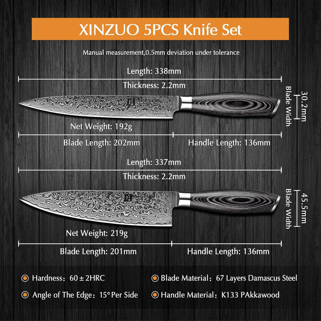XINZUO 67 Schichten Damaststahl 5er Küchenmesser Set-Pakkaholz Griff mit Profi Schwarze Messertasche