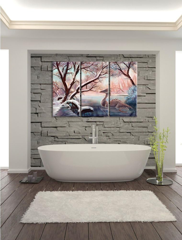 Pixxprint Drache im schneebedeckten Wald als Leinwandbild - Grösse: 3-Teilig (120x80cm) - Wandbild -