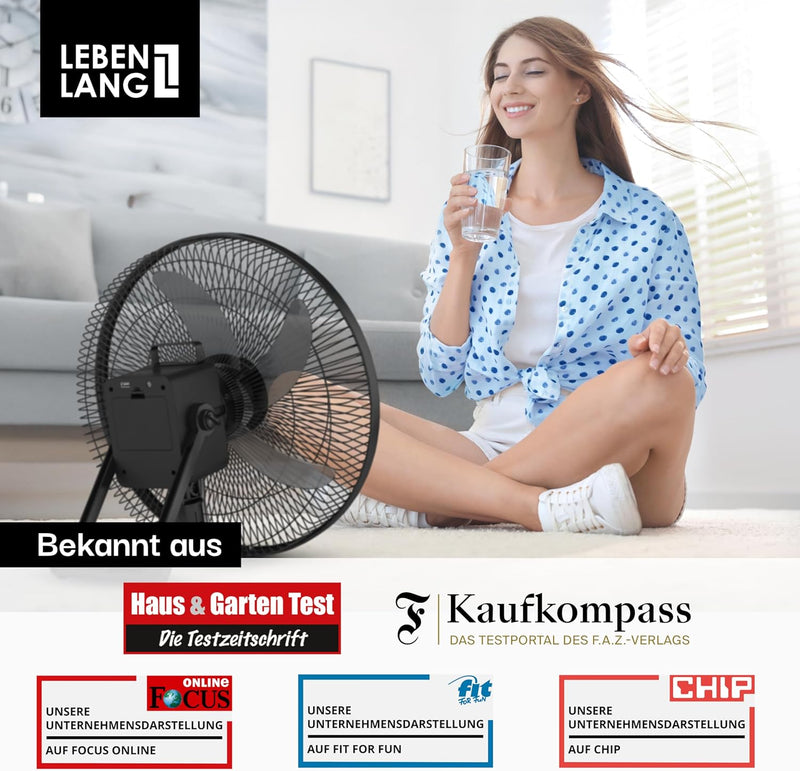 LEBENLANG Akku Ventilator Batteriebetrieben - 3600mAh bis zu 45h Laufzeit Inkl. Fernbedienung & 5 Ro