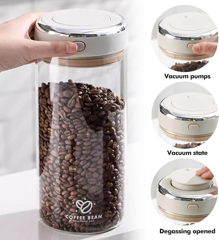 Glas Kaffeedose Luftdicht, 1,7L Vakuum Kaffeebohnen Transparent Behälter mit Auslassventil Datumsanz