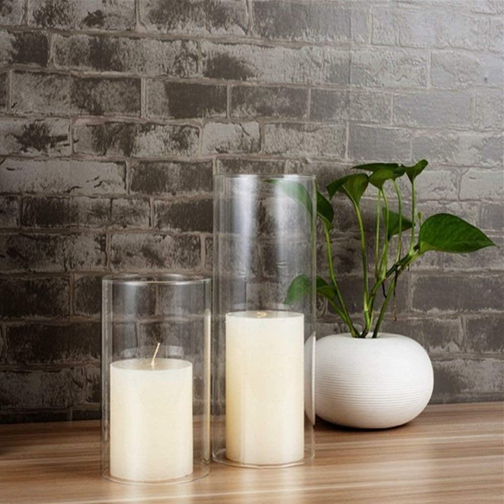 Set mit 2 zylindrischen Kerzenhaltern aus Glas, Kerzenhalter aus Glas ohne Boden, transparenter Kerz