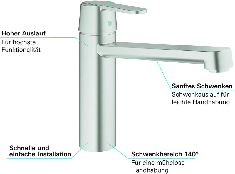 Grohe Get | Küchenarmatur - Spültischarmatur | Supersteel, mittelhoher Auslauf, schwenkbar | 30196DC