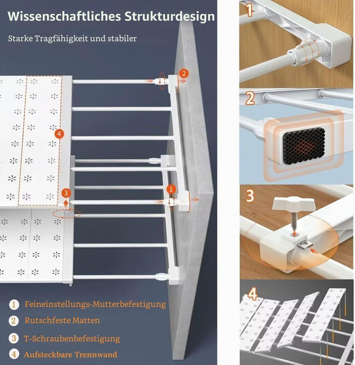 Verstellbare Regale für Schrank, Erweiterbares Einlegeböden Schrankregal, Nagelfrei Teleskop Regaltr