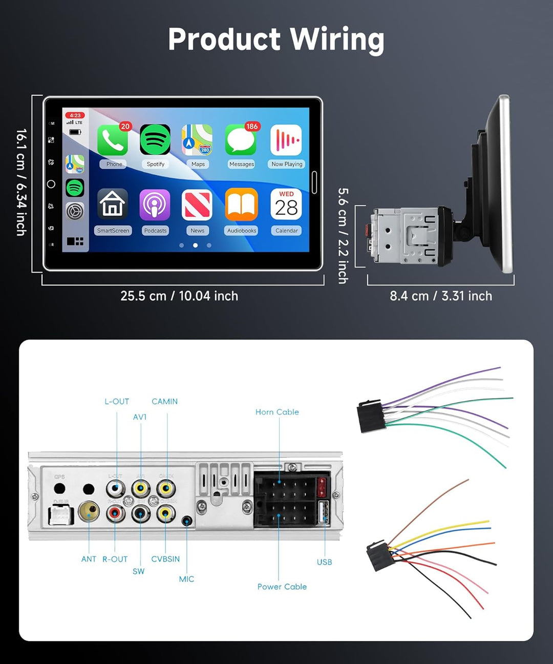 VECHTEL Autoradio 1 Din mit Drahtlos Carplay Android Auto, 10.1 Zoll HD IPS Touchscreen Autoradio mi
