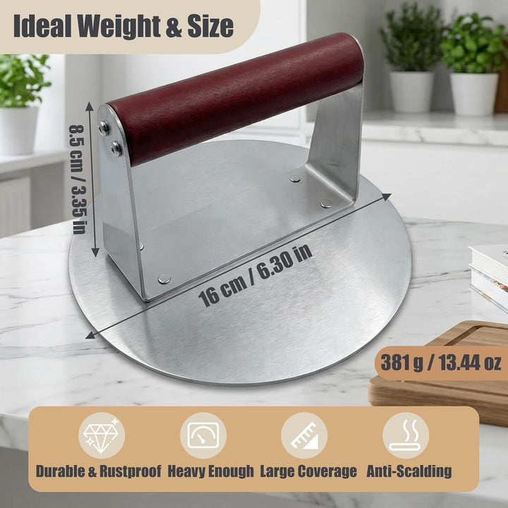 Edelstahl Smash‑Burger‑Presse, 16 cm Runde Hochleistungs‑Burger‑Zertrümmerer mit weinrotem Ledergrif