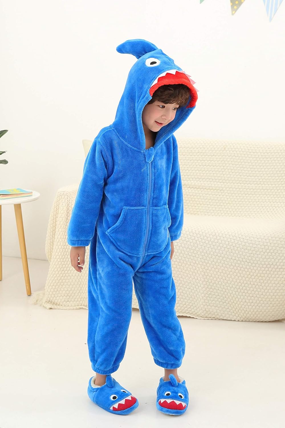 LOLANTA Kinder Hai Kostüm, Jungen Tier Flanell Strampler Overall mit Kapuze 2-3 Jahre Blau, 2-3 Jahr