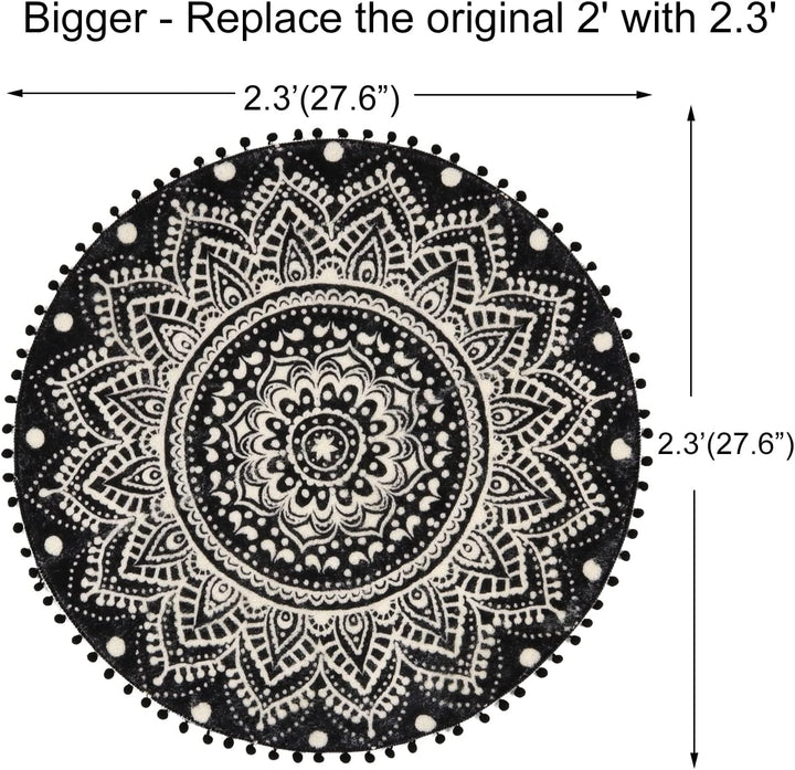 Uphome Kleiner runder Teppich, 5,8 cm, schwarz, Mandala, Boho, Badezimmerteppiche mit Pompons, Frans