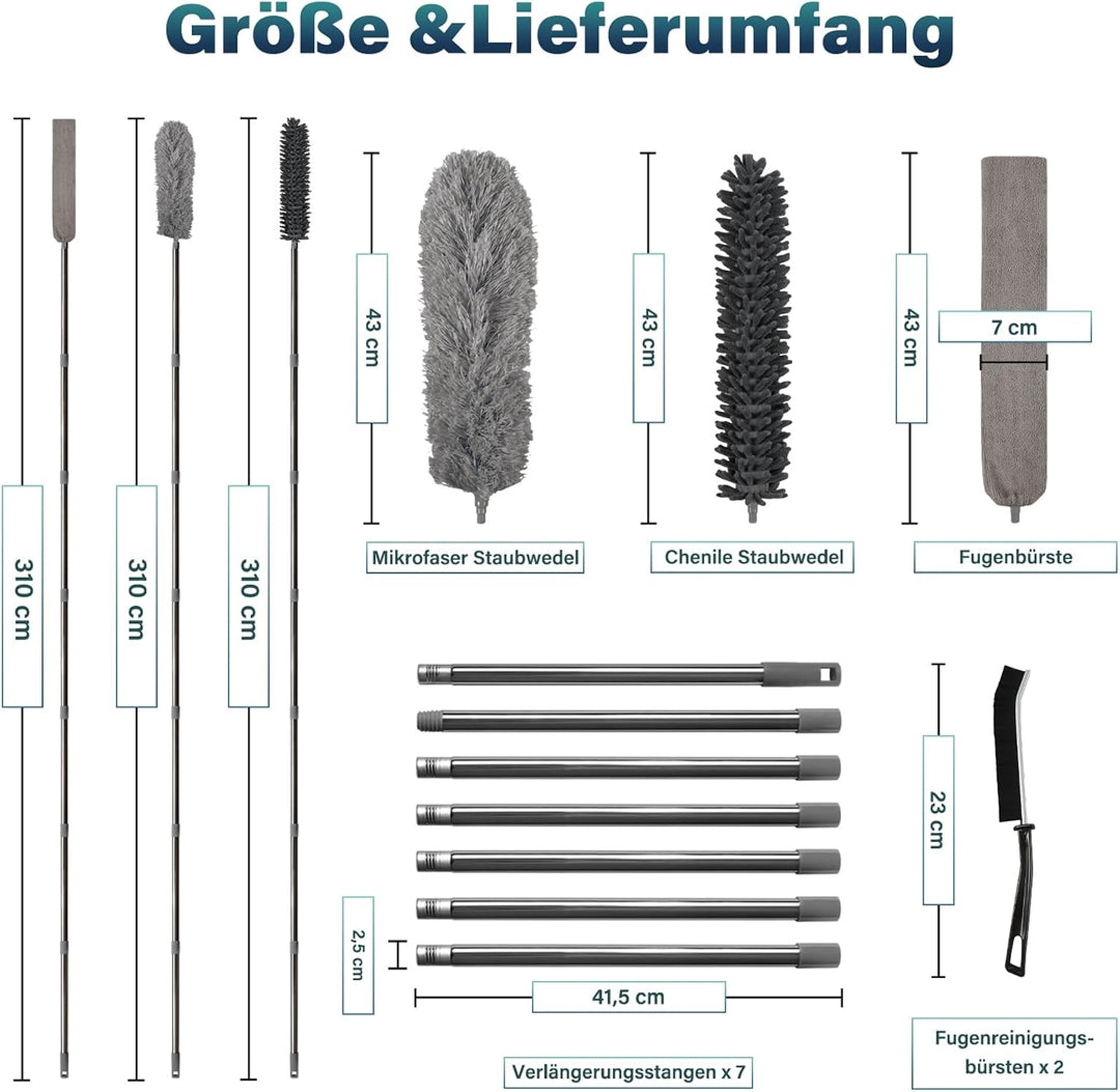 marysgift Staubwedel Teleskop Set, Staubwedel Lang Ausziehbar 310 cm, Staubwedel Waschbar mit 7×43 c