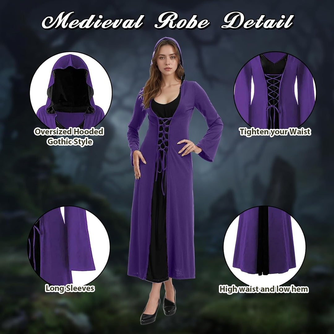 FSUJWOA Frauen Halloween Kostüme für Erwachsene mittelalterlich Kapuze Maxi Kleid für Frauen Mode Ro