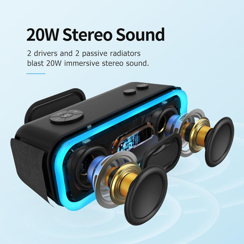 DOSS Bluetooth Lautsprecher, SoundBox Pro Musikbox , 20W, Mehrfarbige Lichter, IPX6 Wasserdicht, 20H