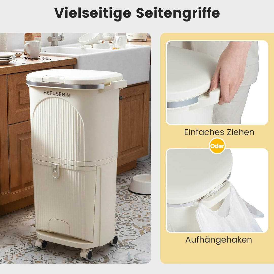 COSTWAY Mülleimer Küche, Mülltrennsystem 3 Fächer, 2 x 12L Inneneimer & 14L Treteimer, Abfalleimer m