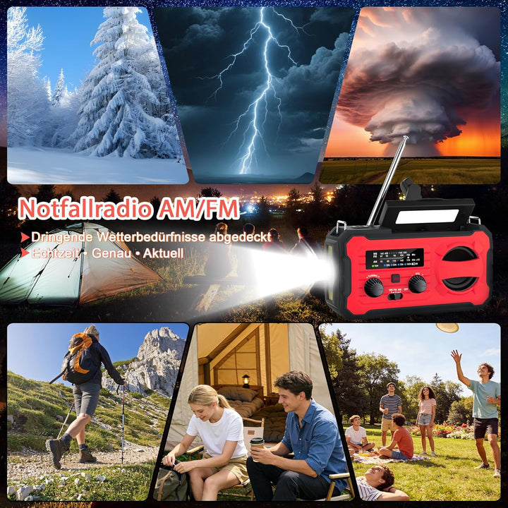 Kurbelradio, Tragbares Solarradio mit AM/FM, 8000mAh Powerbank, Notfallradio mit SOS-Alarm, LED-Tasc