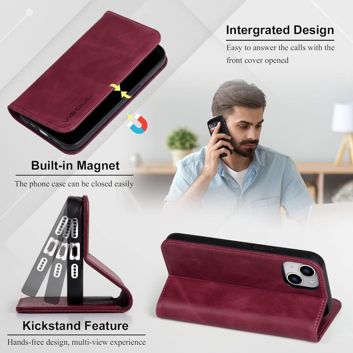 VISOUL iPhone 14 Plus Hülle, Stossfeste Handyhülle [Erstklassiges Rindsleder], TPU Schutzhülle [Kart