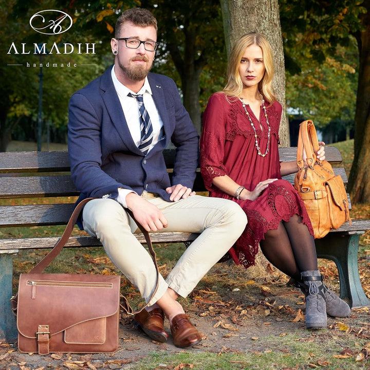 ALMADIH Leder Aktentasche Messenger *JON* handgefertigt aus robustem Premium Rindsleder braun Vintag
